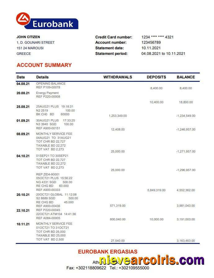 Greece Eurobank Ergasias bank statement easy to fill in Excel and PDF format